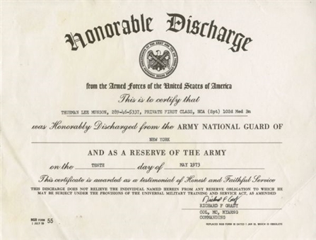 Thurman Munsons Honorable Discharge Archive From National Guard